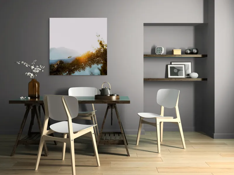 Tablou Canvas, "Raza soarelui printre crengi înzăpezite", Soare, Zăpadă, Ramură, Munte, Cer, Lumină, Iarnă, Peisaj, Natură, Frig., 100 x 100 cm – poza 6