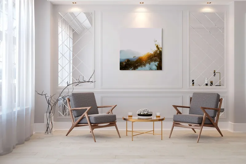 Tablou Canvas, "Raza soarelui printre crengi înzăpezite", Soare, Zăpadă, Ramură, Munte, Cer, Lumină, Iarnă, Peisaj, Natură, Frig., 100 x 100 cm – poza 7