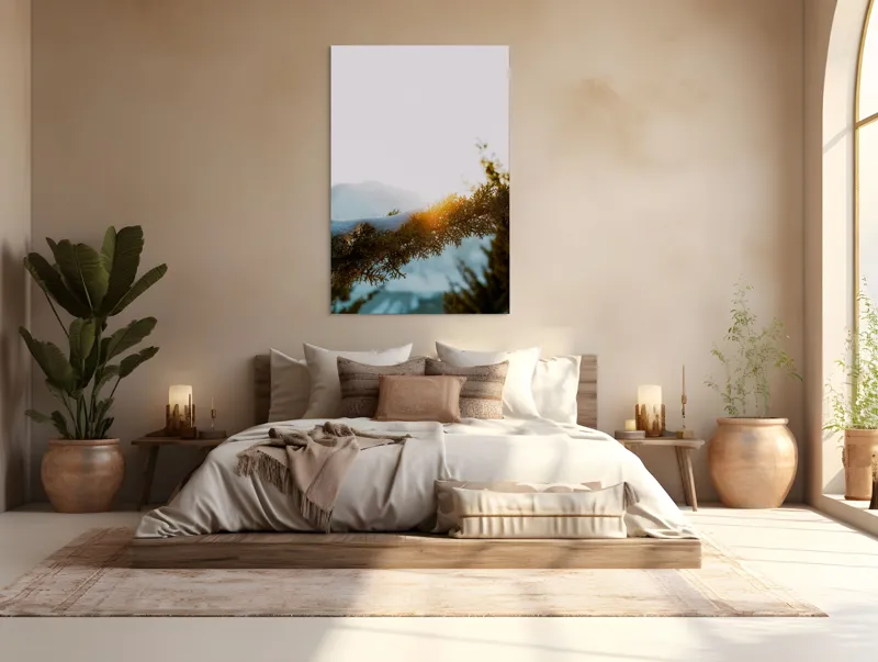 Tablou Canvas, "Raza soarelui printre crengi înzăpezite", Soare, Zăpadă, Ramură, Munte, Cer, Lumină, Iarnă, Peisaj, Natură, Frig., 100 x 150 cm – poza 3