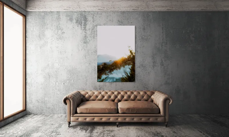 Tablou Canvas, "Raza soarelui printre crengi înzăpezite", Soare, Zăpadă, Ramură, Munte, Cer, Lumină, Iarnă, Peisaj, Natură, Frig., 100 x 150 cm – poza 6