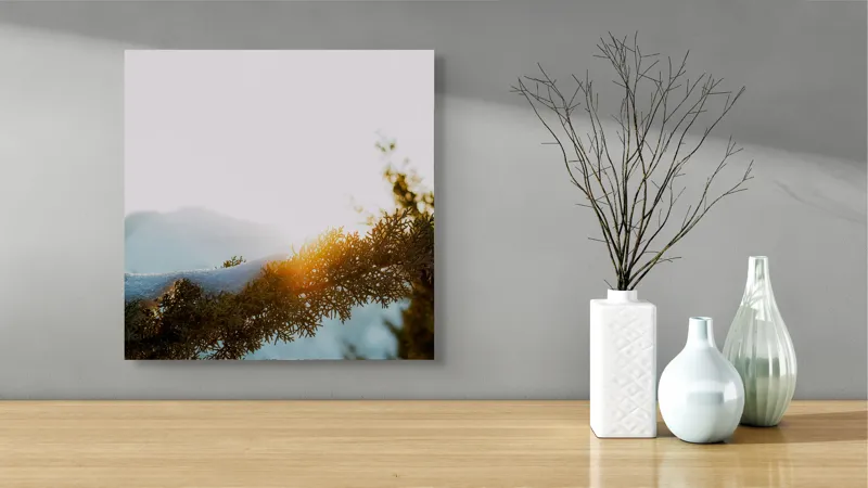 Tablou Canvas, "Raza soarelui printre crengi înzăpezite", Soare, Zăpadă, Ramură, Munte, Cer, Lumină, Iarnă, Peisaj, Natură, Frig., 50 x 50 cm – poza 3