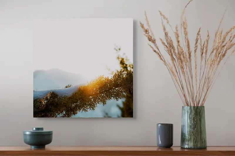 Tablou Canvas, "Raza soarelui printre crengi înzăpezite", Soare, Zăpadă, Ramură, Munte, Cer, Lumină, Iarnă, Peisaj, Natură, Frig., 50 x 50 cm – poza 4