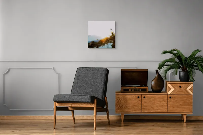 Tablou Canvas, "Raza soarelui printre crengi înzăpezite", Soare, Zăpadă, Ramură, Munte, Cer, Lumină, Iarnă, Peisaj, Natură, Frig., 50 x 50 cm – poza 6