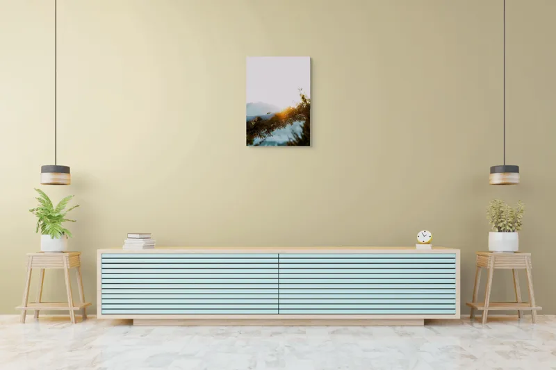 Tablou Canvas, "Raza soarelui printre crengi înzăpezite", Soare, Zăpadă, Ramură, Munte, Cer, Lumină, Iarnă, Peisaj, Natură, Frig., 50 x 70 cm – poza 6