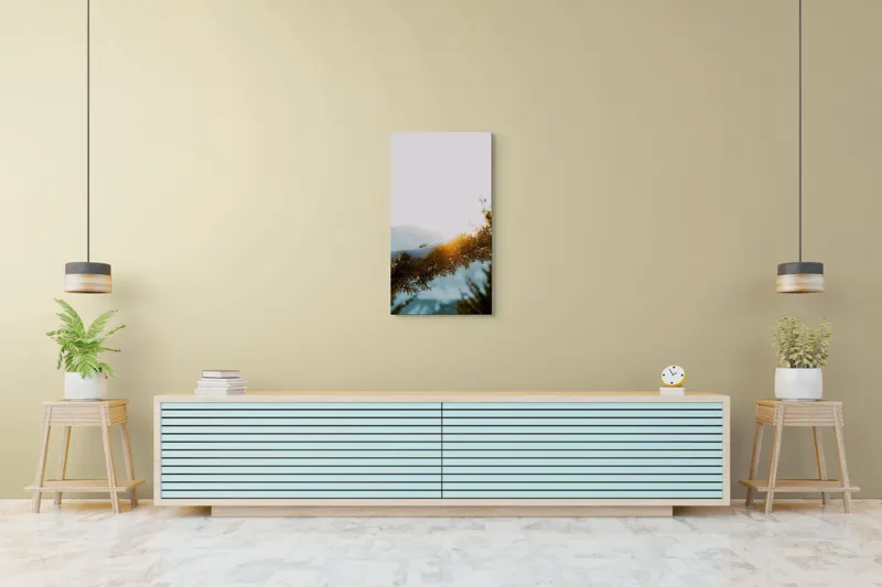 Tablou Canvas, "Raza soarelui printre crengi înzăpezite", Soare, Zăpadă, Ramură, Munte, Cer, Lumină, Iarnă, Peisaj, Natură, Frig., 50 x 90 cm – poza 6