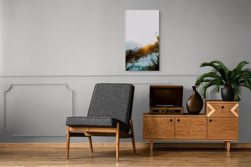 Tablou Canvas, "Raza soarelui printre crengi înzăpezite", Soare, Zăpadă, Ramură, Munte, Cer, Lumină, Iarnă, Peisaj, Natură, Frig., 50 x 90 cm – poza 8