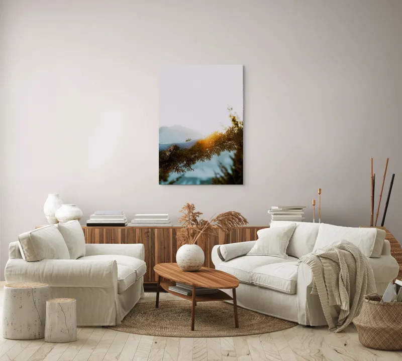 Tablou Canvas, "Raza soarelui printre crengi înzăpezite", Soare, Zăpadă, Ramură, Munte, Cer, Lumină, Iarnă, Peisaj, Natură, Frig., 70 x 100 cm – poza 4