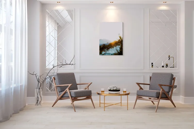 Tablou Canvas, "Raza soarelui printre crengi înzăpezite", Soare, Zăpadă, Ramură, Munte, Cer, Lumină, Iarnă, Peisaj, Natură, Frig., 70 x 100 cm – poza 8