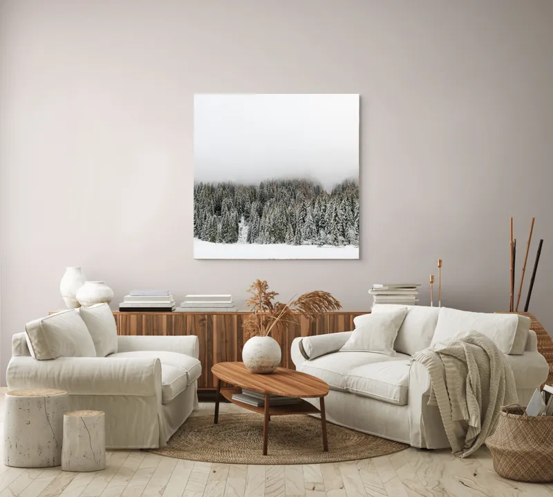 Tablou Canvas, "Iarna în pădurea înzăpezită misterioasă", Copaci, Zăpadă, Ceață, Cer, Iarnă, 100 x 100 cm – poza 3