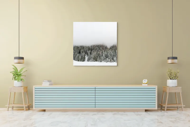 Tablou Canvas, "Iarna în pădurea înzăpezită misterioasă", Copaci, Zăpadă, Ceață, Cer, Iarnă, 100 x 100 cm – poza 5