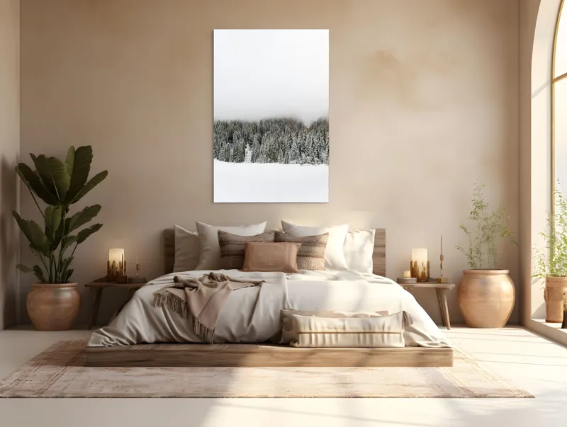 Tablou Canvas, "Iarna în pădurea înzăpezită misterioasă", Copaci, Zăpadă, Ceață, Cer, Iarnă, 100 x 150 cm – poza 3