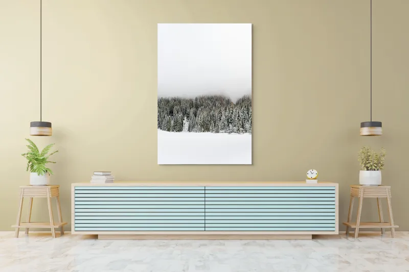 Tablou Canvas, "Iarna în pădurea înzăpezită misterioasă", Copaci, Zăpadă, Ceață, Cer, Iarnă, 100 x 150 cm – poza 4