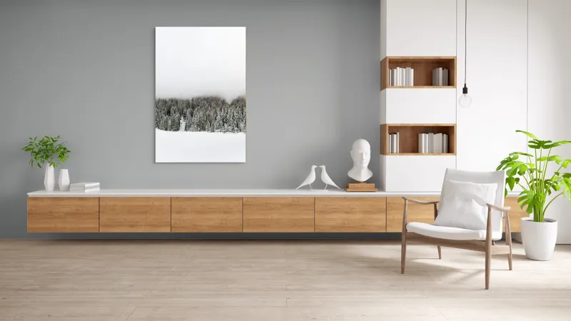 Tablou Canvas, "Iarna în pădurea înzăpezită misterioasă", Copaci, Zăpadă, Ceață, Cer, Iarnă, 100 x 150 cm – poza 8