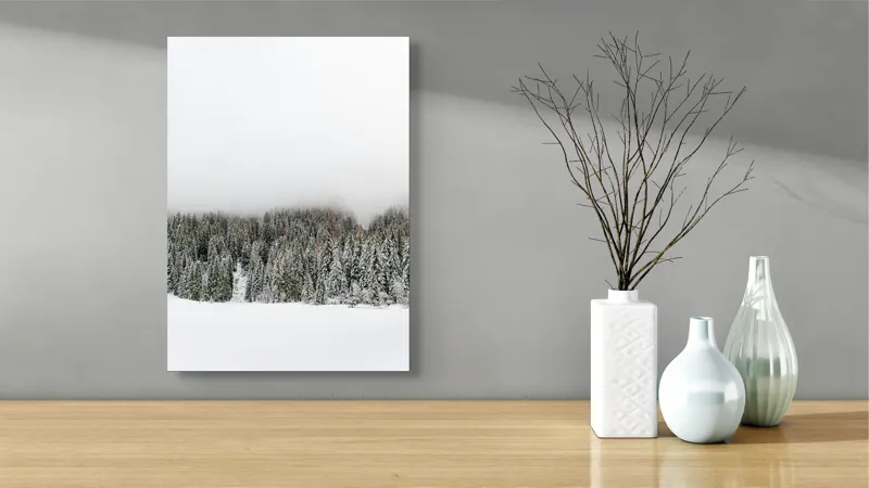 Tablou Canvas, "Iarna în pădurea înzăpezită misterioasă", Copaci, Zăpadă, Ceață, Cer, Iarnă, 39 x 54 cm – poza 4