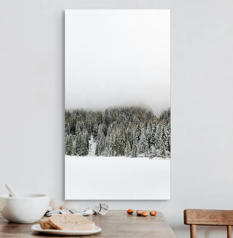 Tablou Canvas, "Iarna în pădurea înzăpezită misterioasă", Copaci, Zăpadă, Ceață, Cer, Iarnă, 50 x 90 cm – poza 3
