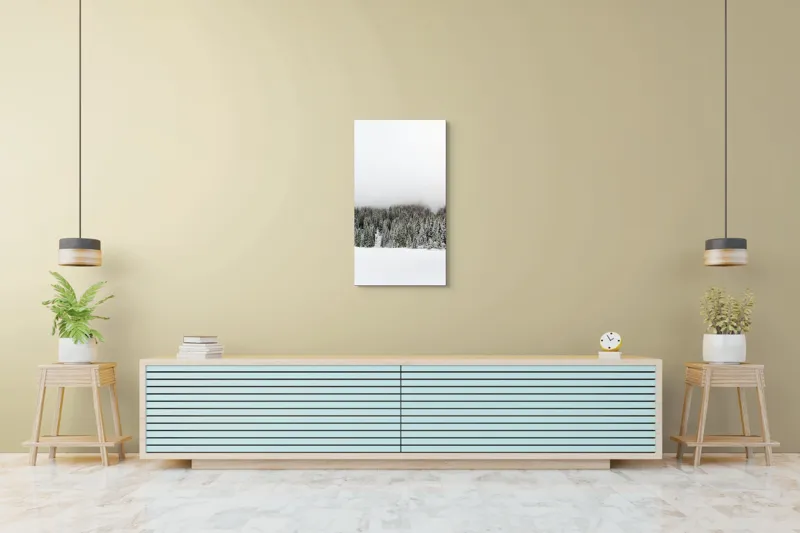 Tablou Canvas, "Iarna în pădurea înzăpezită misterioasă", Copaci, Zăpadă, Ceață, Cer, Iarnă, 50 x 90 cm – poza 6