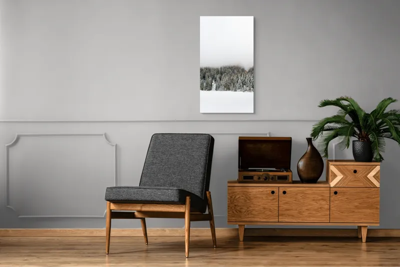 Tablou Canvas, "Iarna în pădurea înzăpezită misterioasă", Copaci, Zăpadă, Ceață, Cer, Iarnă, 50 x 90 cm – poza 8