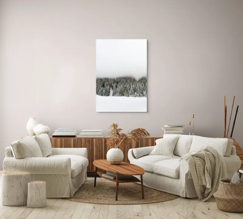 Tablou Canvas, "Iarna în pădurea înzăpezită misterioasă", Copaci, Zăpadă, Ceață, Cer, Iarnă, 70 x 100 cm – poza 4