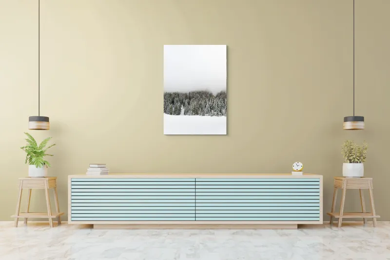 Tablou Canvas, "Iarna în pădurea înzăpezită misterioasă", Copaci, Zăpadă, Ceață, Cer, Iarnă, 70 x 100 cm – poza 5