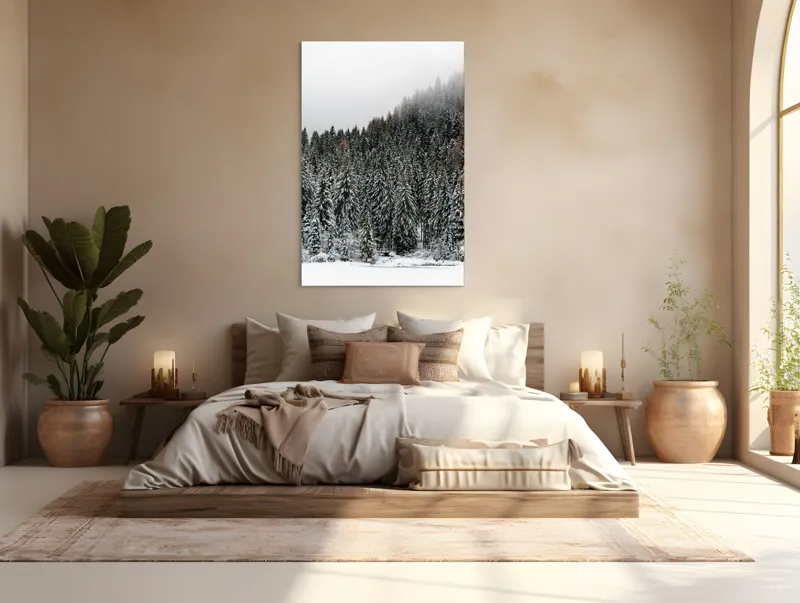 Tablou Canvas, "Tăcerea pădurii în iarnă liniștită", Munte, Brazi, Zăpadă, Ceață, Calm, Natură, Iarnă, Frig, Tăcere, Frumusețe, 100 x 150 cm – poza 3