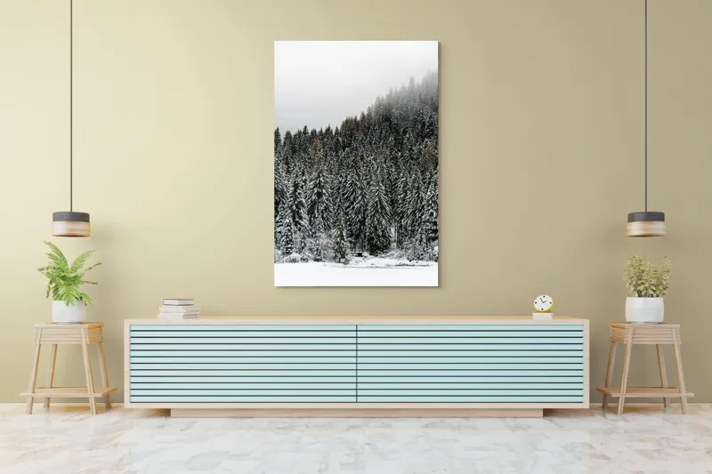 Tablou Canvas, "Tăcerea pădurii în iarnă liniștită", Munte, Brazi, Zăpadă, Ceață, Calm, Natură, Iarnă, Frig, Tăcere, Frumusețe, 100 x 150 cm – poza 4