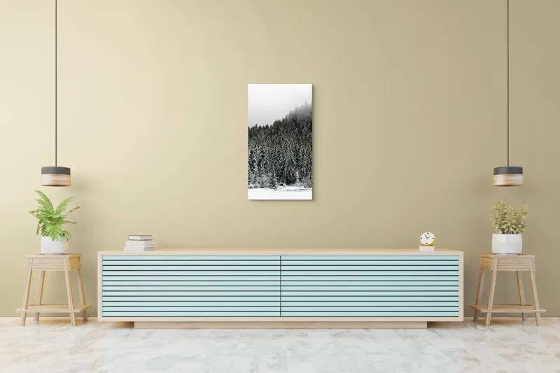 Tablou Canvas, "Tăcerea pădurii în iarnă liniștită", Munte, Brazi, Zăpadă, Ceață, Calm, Natură, Iarnă, Frig, Tăcere, Frumusețe, 50 x 90 cm – poza 6