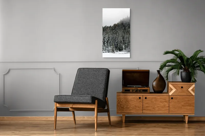 Tablou Canvas, "Tăcerea pădurii în iarnă liniștită", Munte, Brazi, Zăpadă, Ceață, Calm, Natură, Iarnă, Frig, Tăcere, Frumusețe, 50 x 90 cm – poza 8