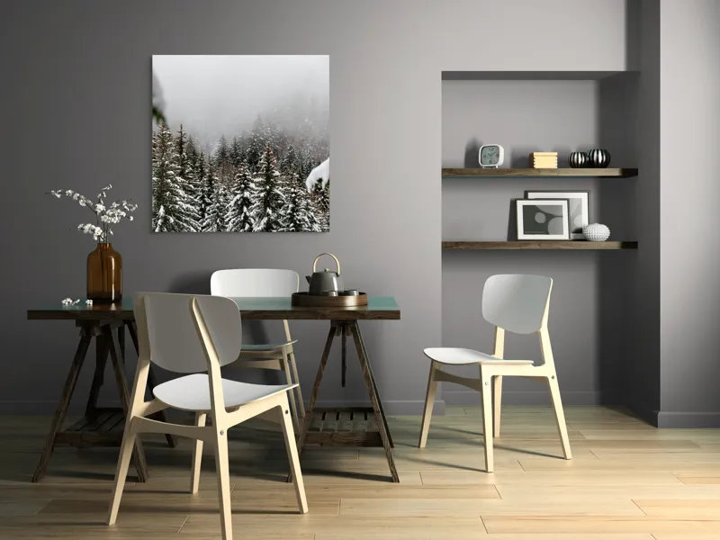 Tablou Canvas, "Iarna în pădurea de brazi înalți", Copaci, Zăpadă, Ceață, Iarnă, Evergreen, Peisaj, Tăcere, Rece, Frumusețe, Natură, 100 x 100 cm – poza 6
