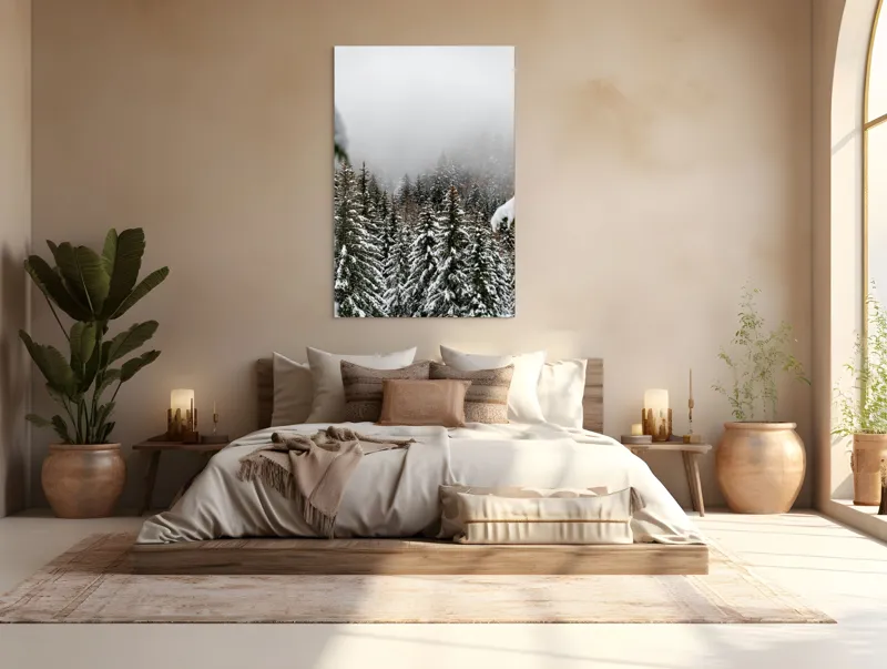 Tablou Canvas, "Iarna în pădurea de brazi înalți", Copaci, Zăpadă, Ceață, Iarnă, Evergreen, Peisaj, Tăcere, Rece, Frumusețe, Natură, 100 x 150 cm – poza 3