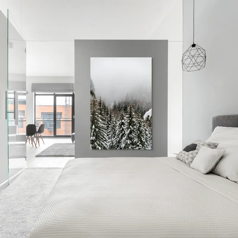 Tablou Canvas, "Iarna în pădurea de brazi înalți", Copaci, Zăpadă, Ceață, Iarnă, Evergreen, Peisaj, Tăcere, Rece, Frumusețe, Natură, 100 x 150 cm – poza 5