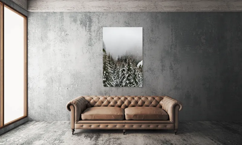 Tablou Canvas, "Iarna în pădurea de brazi înalți", Copaci, Zăpadă, Ceață, Iarnă, Evergreen, Peisaj, Tăcere, Rece, Frumusețe, Natură, 100 x 150 cm – poza 6