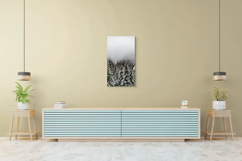 Tablou Canvas, "Iarna în pădurea de brazi înalți", Copaci, Zăpadă, Ceață, Iarnă, Evergreen, Peisaj, Tăcere, Rece, Frumusețe, Natură, 50 x 90 cm – poza 6