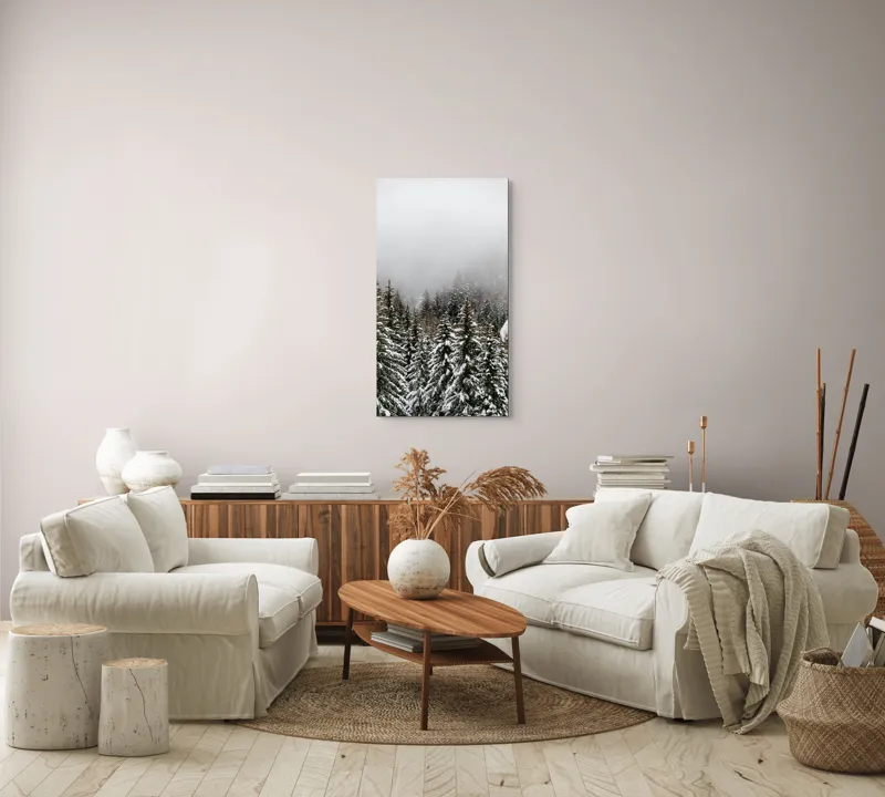 Tablou Canvas, "Iarna în pădurea de brazi înalți", Copaci, Zăpadă, Ceață, Iarnă, Evergreen, Peisaj, Tăcere, Rece, Frumusețe, Natură, 50 x 90 cm – poza 7