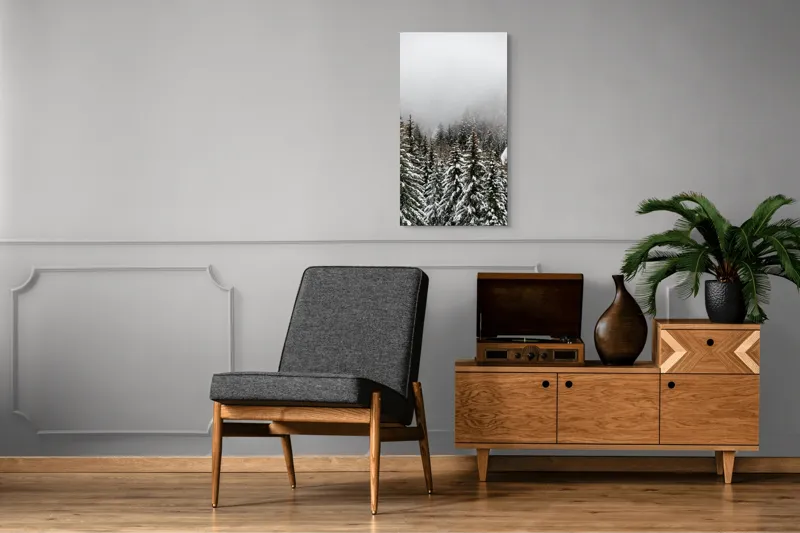 Tablou Canvas, "Iarna în pădurea de brazi înalți", Copaci, Zăpadă, Ceață, Iarnă, Evergreen, Peisaj, Tăcere, Rece, Frumusețe, Natură, 50 x 90 cm – poza 8
