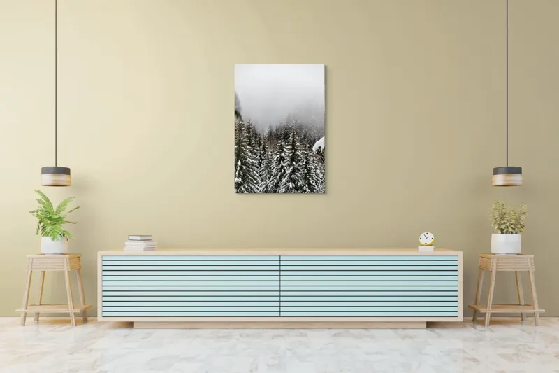 Tablou Canvas, "Iarna în pădurea de brazi înalți", Copaci, Zăpadă, Ceață, Iarnă, Evergreen, Peisaj, Tăcere, Rece, Frumusețe, Natură, 70 x 100 cm – poza 5