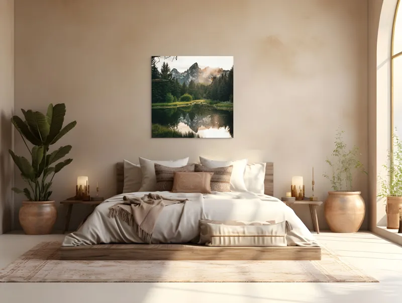 Tablou Canvas, "Reflecția munților în lac liniștit", Munte, Reflecție, Pădure, Apus, Lumină, Natură, Râu, Serenitate, Peisaj, Frumusețe, 100 x 100 cm – poza 4