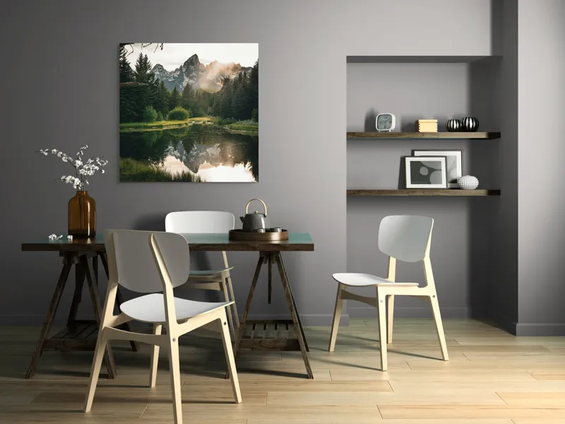 Tablou Canvas, "Reflecția munților în lac liniștit", Munte, Reflecție, Pădure, Apus, Lumină, Natură, Râu, Serenitate, Peisaj, Frumusețe, 100 x 100 cm – poza 6