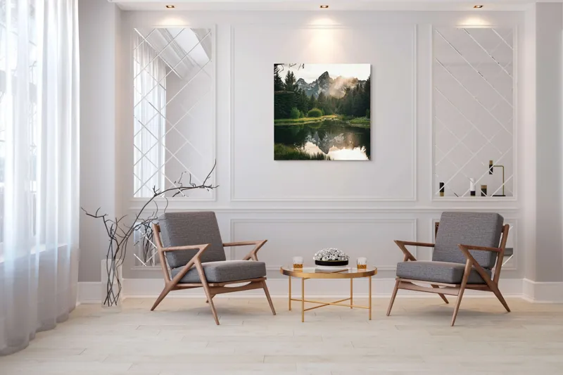 Tablou Canvas, "Reflecția munților în lac liniștit", Munte, Reflecție, Pădure, Apus, Lumină, Natură, Râu, Serenitate, Peisaj, Frumusețe, 100 x 100 cm – poza 7