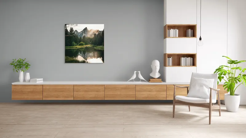 Tablou Canvas, "Reflecția munților în lac liniștit", Munte, Reflecție, Pădure, Apus, Lumină, Natură, Râu, Serenitate, Peisaj, Frumusețe, 100 x 100 cm – poza 8