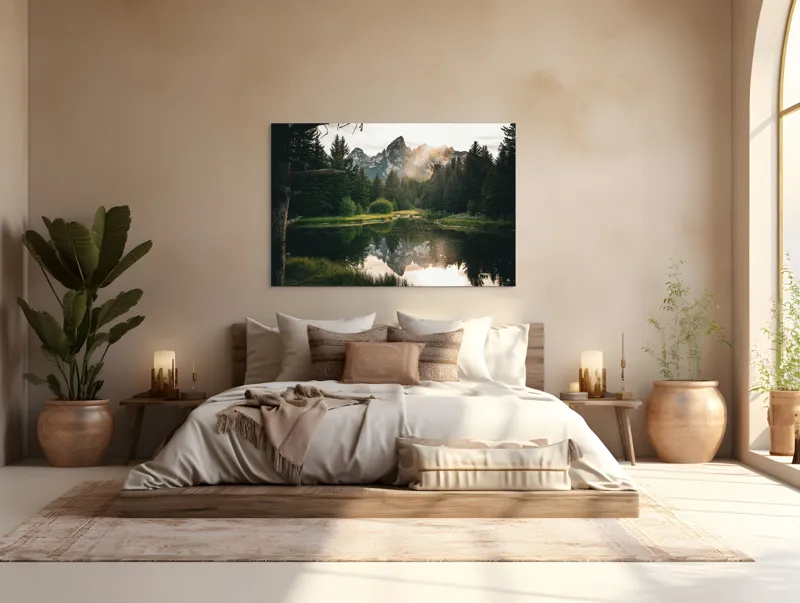 Tablou Canvas, "Reflecția munților în lac liniștit", Munte, Reflecție, Pădure, Apus, Lumină, Natură, Râu, Serenitate, Peisaj, Frumusețe, 150 x 100 cm – poza 4
