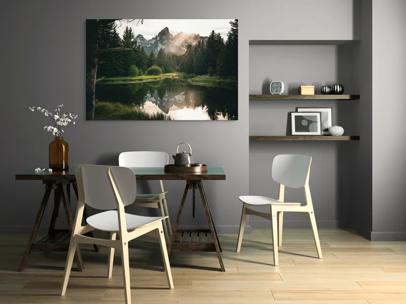 Tablou Canvas, "Reflecția munților în lac liniștit", Munte, Reflecție, Pădure, Apus, Lumină, Natură, Râu, Serenitate, Peisaj, Frumusețe, 150 x 100 cm – poza 5