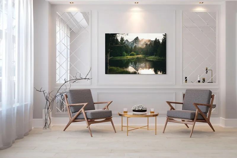 Tablou Canvas, "Reflecția munților în lac liniștit", Munte, Reflecție, Pădure, Apus, Lumină, Natură, Râu, Serenitate, Peisaj, Frumusețe, 150 x 100 cm – poza 7
