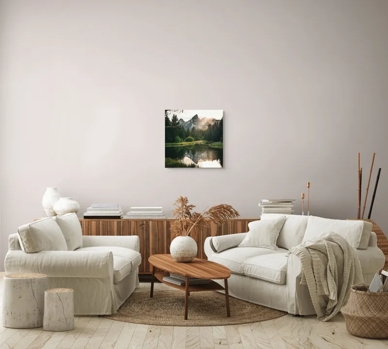 Tablou Canvas, "Reflecția munților în lac liniștit", Munte, Reflecție, Pădure, Apus, Lumină, Natură, Râu, Serenitate, Peisaj, Frumusețe, 50 x 50 cm – poza 7