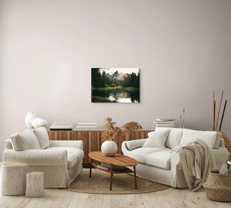 Tablou Canvas, "Reflecția munților în lac liniștit", Munte, Reflecție, Pădure, Apus, Lumină, Natură, Râu, Serenitate, Peisaj, Frumusețe, 70 x 50 cm – poza 6