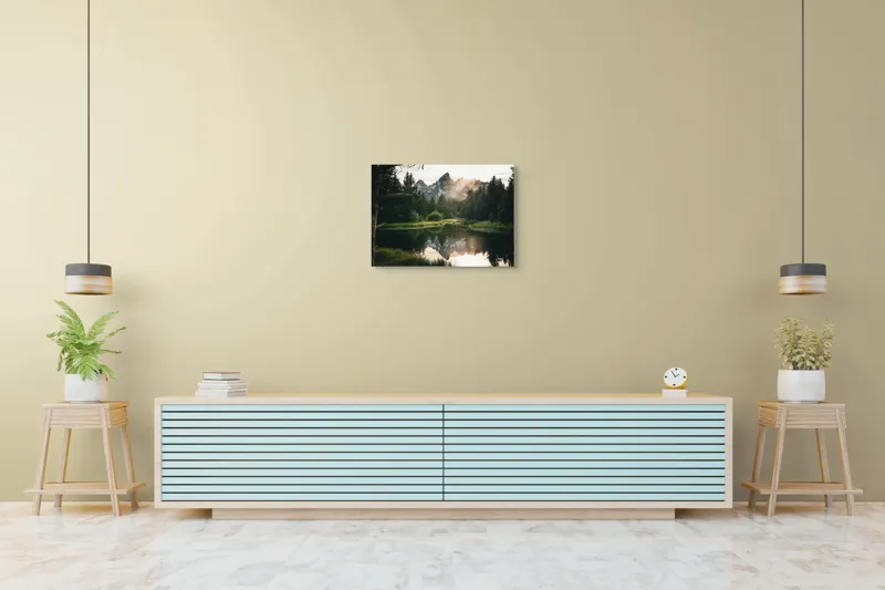 Tablou Canvas, "Reflecția munților în lac liniștit", Munte, Reflecție, Pădure, Apus, Lumină, Natură, Râu, Serenitate, Peisaj, Frumusețe, 70 x 50 cm – poza 7