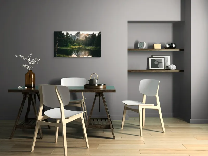 Tablou Canvas, "Reflecția munților în lac liniștit", Munte, Reflecție, Pădure, Apus, Lumină, Natură, Râu, Serenitate, Peisaj, Frumusețe, 90 x 50 cm – poza 3