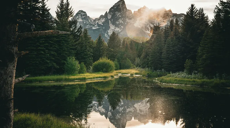 Tablou Canvas, "Reflecția munților în lac liniștit", Munte, Reflecție, Pădure, Apus, Lumină, Natură, Râu, Serenitate, Peisaj, Frumusețe, 90 x 50 cm – poza 2