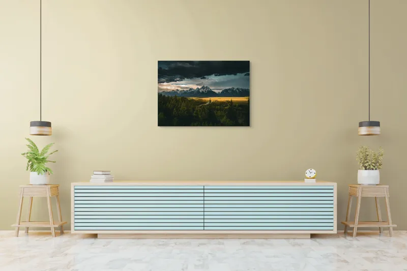 Tablou Canvas, "Răsărit peste munți înnourați", Montagne, Pădure, Cer, Nori, Apus, Dramatic, Lumină, Peisaj, Timp, Natura, 100 x 70 cm – poza 4
