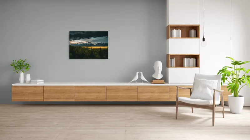 Tablou Canvas, "Răsărit peste munți înnourați", Montagne, Pădure, Cer, Nori, Apus, Dramatic, Lumină, Peisaj, Timp, Natura, 100 x 70 cm – poza 6