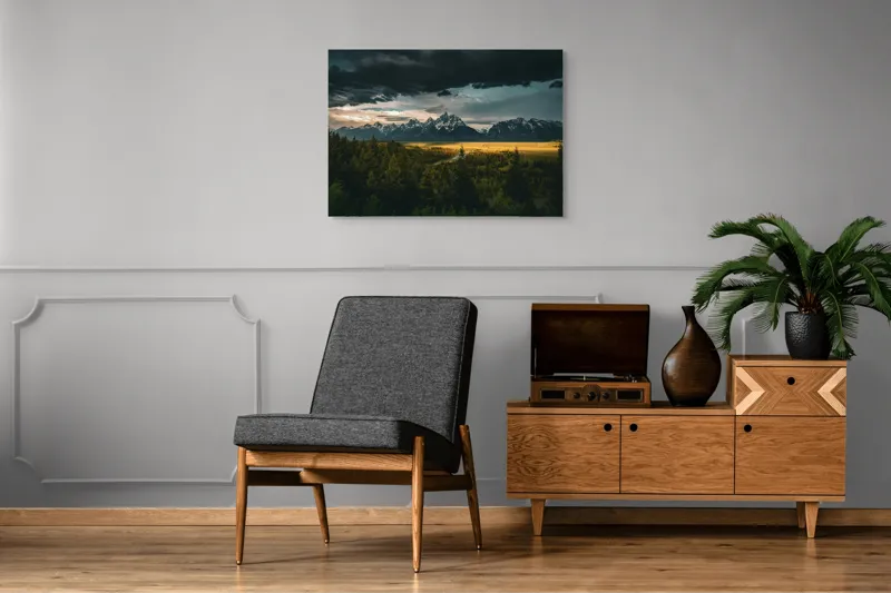 Tablou Canvas, "Răsărit peste munți înnourați", Montagne, Pădure, Cer, Nori, Apus, Dramatic, Lumină, Peisaj, Timp, Natura, 100 x 70 cm – poza 8